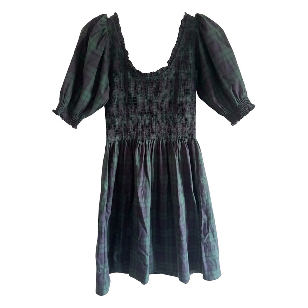 Hill House Home The Athena Nap Dress Green Navy Plaid Smocked Cottagecore Sz XS